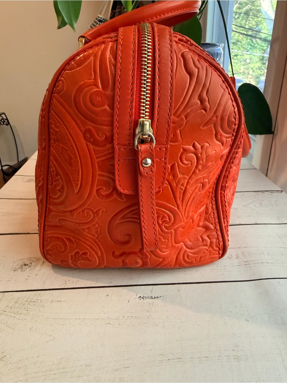 Etro Burnt Orange Paisley Embossed Leather Satchel Boston Bag - Picture 6 of 15